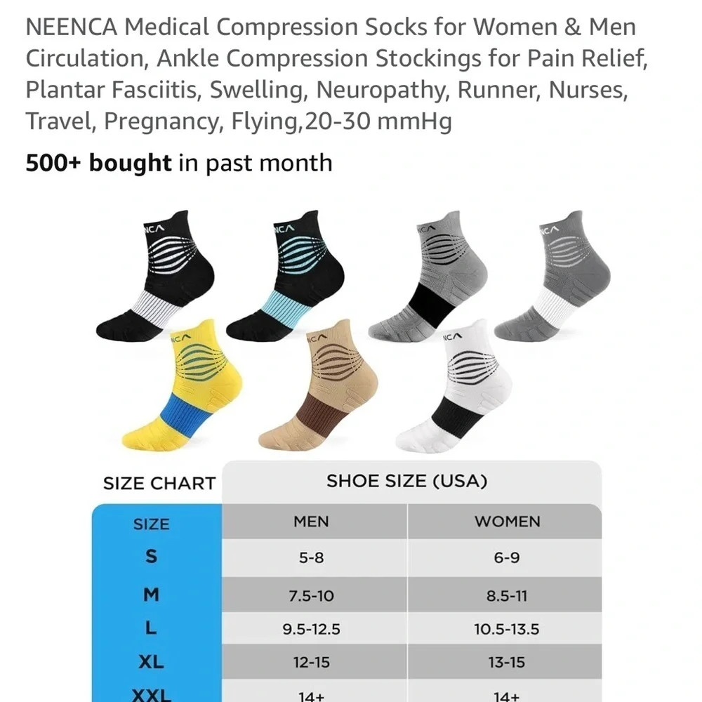 Neeca Compression Socks Medical Pain Relief Travel Runner Unisex M 2 Pairs